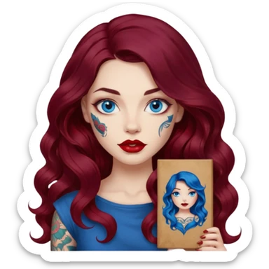 Female long wavy dark burgundy hair, blue eyes, large red lips, tattooed, artist with a canvas sticker