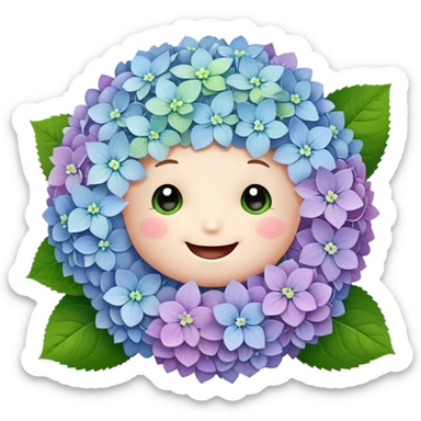 Adorable cute hydrangea flower with happy face, puffy round cluster of pastel colored tiny blooms, cheerful appearance, and cute little green leaves sticker