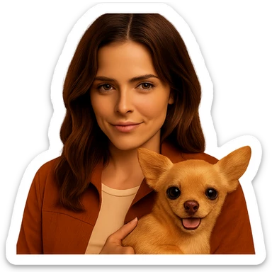 Recreate the image identically but improve only the chihuahua: make it more expressive, cute, clearly visible, with silky beige-brown fur and sparkling eyes, while keeping the original style, pose, and ambiance. Transparent background. sticker