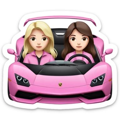 Make car far away so I can see full car Car facing forward in sports car. Make hair long  two girls in car far away Front of car sitting in the seats. Make it a pink sports car. They are two baddies make it a Lamborghini pink car  sticker