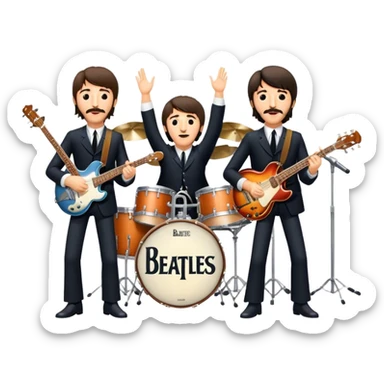 Rock music icon: The Beatles performing live on stage. John Lennon with guitar, Paul McCartney with bass, George Harrison with guitar, Ringo Starr on drums. Bright lights, energetic performance. Transparent background. sticker