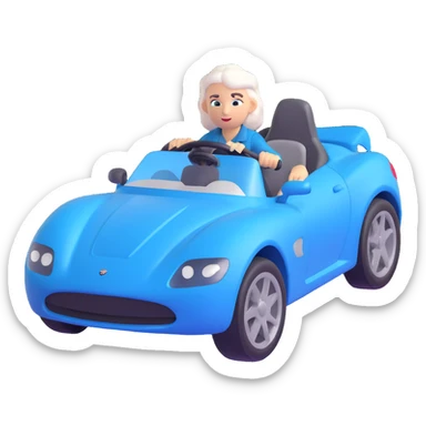 Make the blue sports car 20% more realistic while keeping the mother with white hair looking fast and furious, dynamic motion effects, sporty 3D emoji style, no background sticker