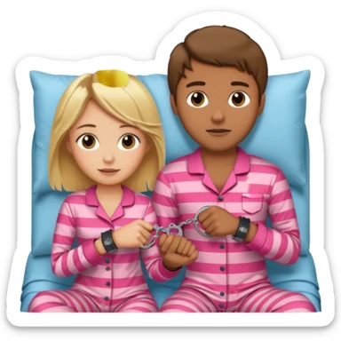 a blonde girl holding handcuffs with her brown haired boyfriend in bed  sticker