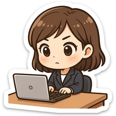 chibi cute Asian woman with brown hair, intently working at her desk, with a keyboard and a laptop sticker