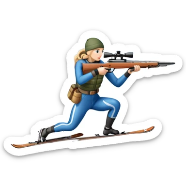 An icon showing a snowy landscape with pine trees, mountains, and a clear sky with a biathlete aiming a rifle in the foreground, wearing winter gear and skis. Transparent background emphasizes the precision, endurance, and beauty of this winter sport. sticker