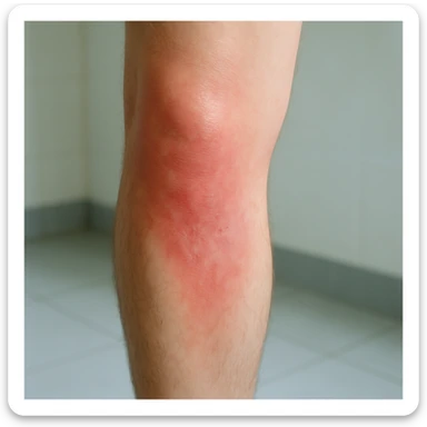 Hyperrealistic human legs in the phase of disinflamation, skin with redness and swelling decreasing, areas gradually transitioning from red to normal, clinical atmosphere, natural light, 4K details. Variant 7, focus on one leg only. sticker