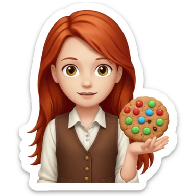 white girl scout with red long hair selling cookies with a brown vest and white shirt under vest. She should be around 10 years old sticker