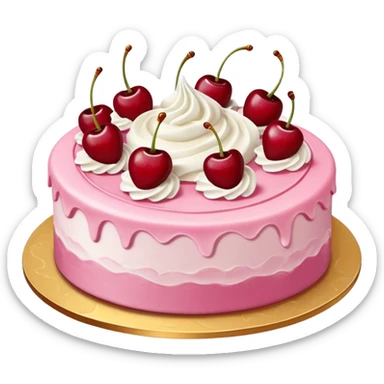 Round pink frosted cake with textured buttercream sides, placed on a gold cake board.
White whipped cream swirls on top, each topped with glossy red cherries with stems, clean studio lighting, isolated background, realistic minimal emoji-style. sticker