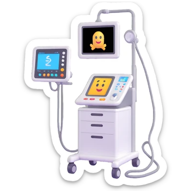 3D emoji-style ultrasound machine, with a display screen and probe, hospital setting sticker