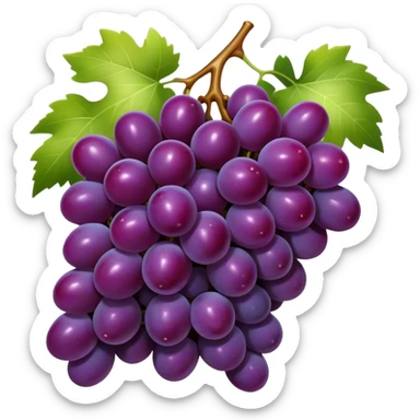 Cinematic Realistic Grapes Emoji, Clustered together in rich purple hues, with smooth, plump skins reflecting light in a glossy, delicate sheen. The stems curve slightly, holding the clusters together like a sweet, natural treasure. Soft glowing outline, capturing the essence of natural sweetness and richness in a bunch of ripe grapes! sticker