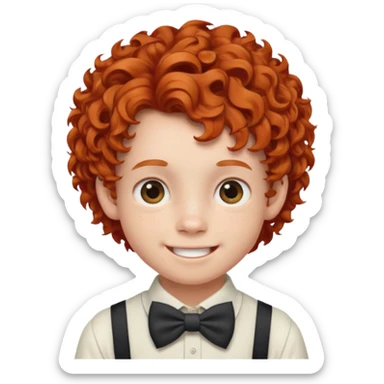 redhead kid with unique face features and very curly hair kid boy happy and braces on teeth, wearing a bow on head on hair just one bow sticker