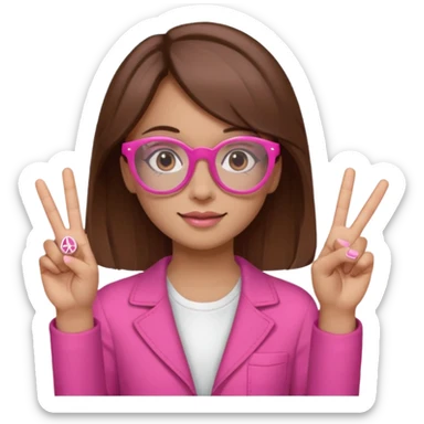girl with medium brown hair and brown eyes, wearing pink glasses, with a peace sign sticker