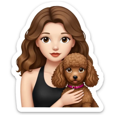 girl with long balayage hair and long lashes, wearing black halterneck top, and holding a brown poodle sticker
