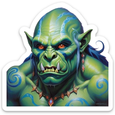 A luminescent galactic enchanted orc, his ethereal presence shimmering with otherworldly energy, each detail radiating with mystical power and ancient wisdom. The painting, a masterpiece of acrylic art, captures the orc's hauntingly beautiful visage in exquisite detail. Swirls of cosmic colors dance around him, evoking a sense of celestial wonder, while intricate patterns of glowing runes adorn his intricate armor. The image is vivid and captivating, drawing viewers into a mesmerizing realm of fantasy and magic. sticker