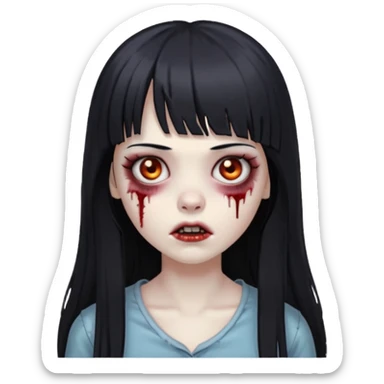 faça o emoji de uma menina zumbi de cabelos longos pretos com franja sticker