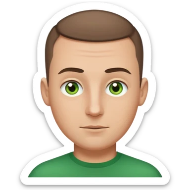 white man, 30s, round face, wide nose, thick eyebrows, clean shaven, buzz cut brown hair, green eyes, emoji style sticker