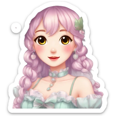 Gorgeous anime style lady with blushing face and accessories cottagecore fairycore Kawaii anime colorful pearly romantic aesthetic trending style sticker