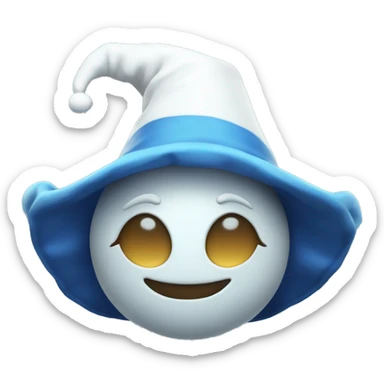 Moondrop a blue and white jester animatronic with a moon-shaped face and a sleeping cap sticker