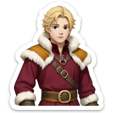 Medieval winter outfit worn by a DnD themed fantasy male character. Thick crimson wool tunic with white fox fur trim, featuring carved ivory toggles and a wide leather belt with bronze buckle. Clothes only above the waist, full waist coverage. The character has no arms. Character is white-skinned with honey gold hair, storm-cloud gray eyes, and medium-length tousled hair with icy highlights. sticker