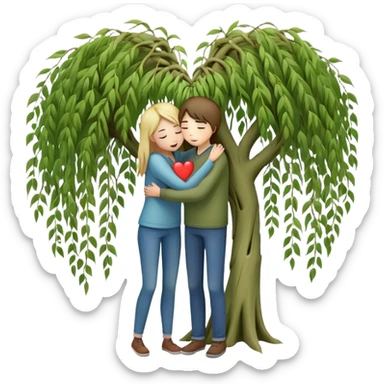 heart-shaped weeping willow tree with two people inside giving each other a supportive, caring hug, like close friends comforting each other, with a small heart above them sticker