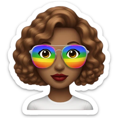 gay pride sunglasses on female head with wavy brown hair and rainbow lipstick sticker