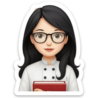 Profesora de pastelería, piel blanca con gafas y pelo negro largo y con una pizarra detrás y libros sticker