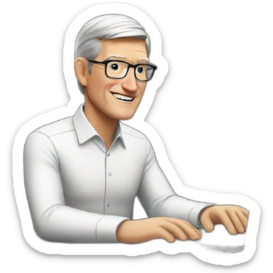 Tim Cook at desk with a MacBook. sticker