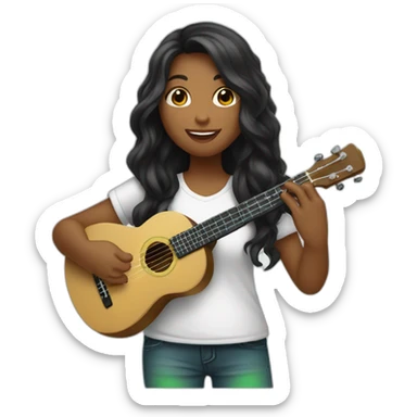 black-long-haired-fair-skin-girl-with-white-tshirt-playing-green-ukulele sticker