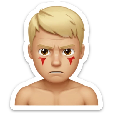a blond guy with a short haircut, a tired and angry face, no shirt, with bruises under his eyes, and signs of beatings on his body sticker