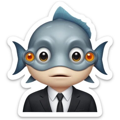 A fish man dressed in a black suit. Its face is grey fish. Just a fish. And The fish is facing upward. The fish’s neck connects smoothly with the collar of the suit. sticker