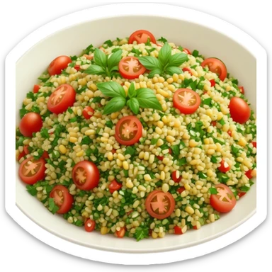 Cinematic Realistic Tabbouleh Salad Dish Emoji, showcasing a fresh herbaceous salad with bulgur, tomatoes, and parsley rendered with crisp textures and natural, vibrant lighting. sticker