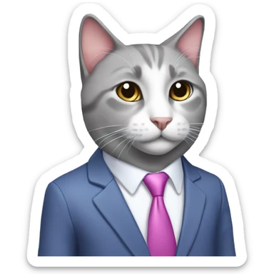 Gray and white cat-realtor i in purple suit blue shirt and pink tie sticker