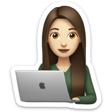 woman with long straight brown hair and pale skin holding a coffee mug on top of a laptop sticker