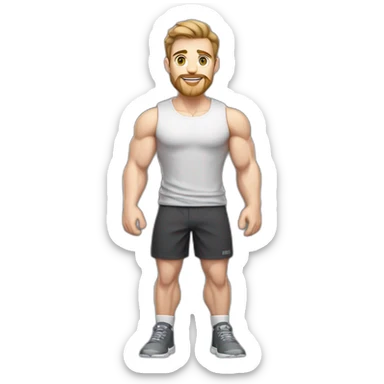Full height Pale skinned fit man With biceps, Realistic eyes and mouth, light brown hair and stubble In dark gray sleeveless mike, black oversize sports shorts, watch and white sneakers. sticker