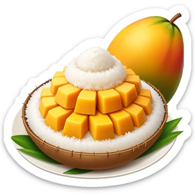 cinematic-realistic-mango-sticky-rice-dessert-emoji,-showcasing-sweet-sticky-rice-paired-with-ripe-mango-slices-and-coconut-milk-rendered-with-lifelike-detail-and-warm,-inviting-lighting sticker