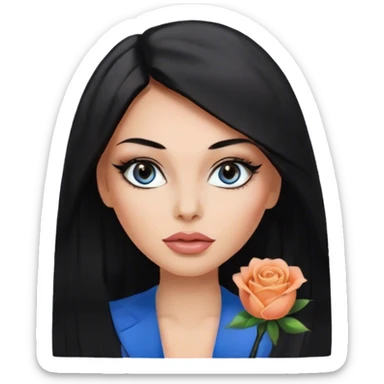 Glamours, tanned, very beautiful girl, with big pump peach-beige-rose lips, eyeliner, long long lashes, black straight smooth silky long hair, straight parting hair, blue-grey eyes in black clothes sticker