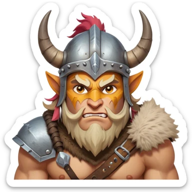 Clash of Clans style: Cinematic Fierce Barbarian Portrait Emoji, Poised and bold with a rugged, cartoonish build in tattered furs and a whimsical horned helmet, bright expressive eyes and a confident smirk, Simplified yet dynamic features, highly detailed, glowing with a vivid, adventurous aura, high shine, heroic and spirited, stylized with an air of medieval warrior charm, focused and energetic, soft glowing outline, capturing the essence of a fearless barbarian adventurer ready to lead his clan with spirited valor! sticker