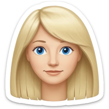 45 yr old white woman, curtain bangs, very long straight blond hair, oval face, small smile, blue eyes, thin face, hair down to elbows sticker