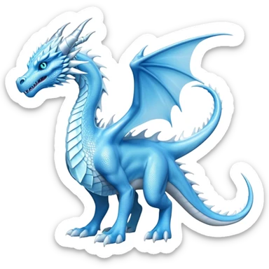 Cinematic Noble wise elegant Ice Dragon full body  Emoji, Poised and imposing, distinct long elegant snout, with a slender, scaled body shimmering in glacial hues of icy blue, frostbitten silver, and crystalline white, breathing out frost, with piercing, glowing ice blue white eyes that radiate the chilling depths of an arctic storm; rendered in detail. excuding wisdom sticker