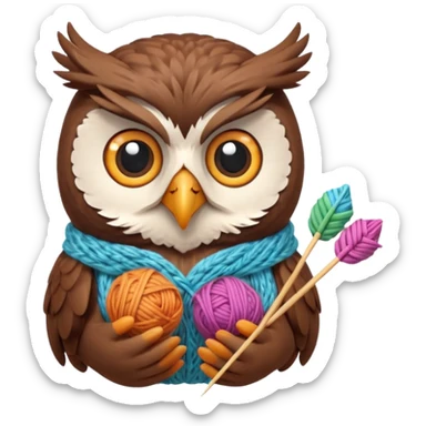 knitting owl portrait, head and shoulders only, cute owl holding knitting needles and yarn, cozy expression, warm handmade vibe, soft feathers, 3D cartoon style, mobile game icon style, clean background, no text, no watermark
 sticker