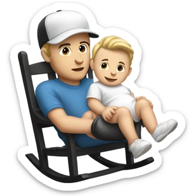 Young white man in unlabeled baseball hat rocking a white infant baby in puffy grey rocker  sticker
