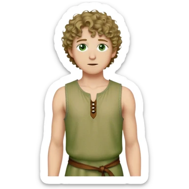 medieval summer outfit worn by a DnD themed fantasy male character. thin, sleeveless wool tunic with a small keyhole opening at the neckline, tied shut with a leather string. clothes only above the waist. The clothes full waist. The character's haven't arms. character is white-skinned, dark blonde hair, green eyes, short curly hair. sticker