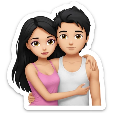 generate a pretty tan bratz boy with messy black hair wearing a white tshirt. Hugging a fair girl with long black hair, eyeliner, wearing a pink cami.  sticker