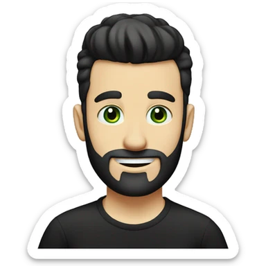 white man with short beard and a "top knot" black hair. Plain black tshirt. green eyes. neutral yet happy. sticker