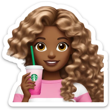 Barbie girl with brown and blonde ombré long curly hair holding Pink starbucks refresher sticker