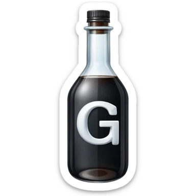 filled halfway White capital letter 'G' printed in the center. Inside the bottle, the dark liquid is filled precisely to the horizontal midline of the 'G', perfectly 'splitting' the letter. sticker