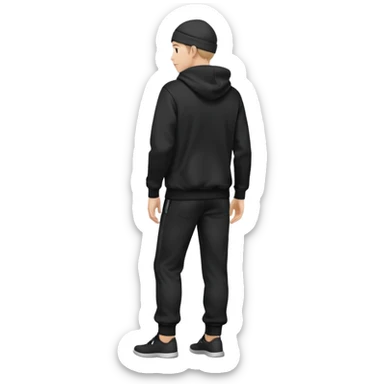 fullbody caucasian man in black hoodie on head, hands in pockets and black pants rear backview sticker
