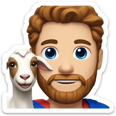 Man holding a goat, redish brown hair redish beard, blue eyes, wearing a superman outfit sticker