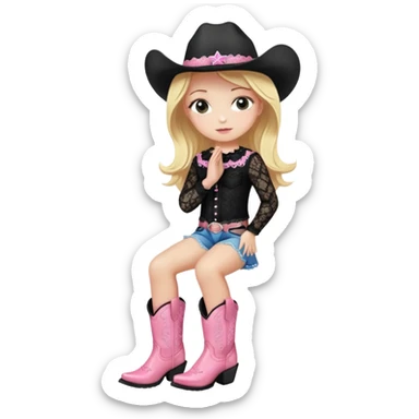 blonde girl in a black lace top in sparkling pink cowgirl boots praying   sticker