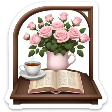A cozy reading nook with an open book, a steaming cup of tea, and a bouquet of pale pink roses. sticker